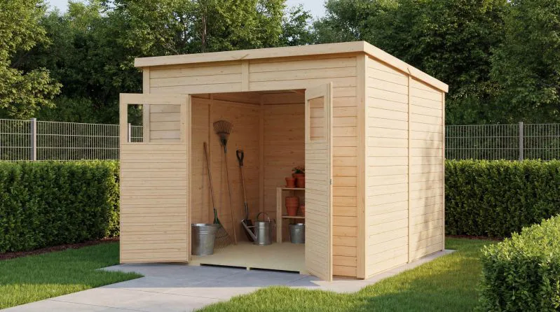 Gartenhaus | inkl. Fußboden | Gerätehaus | Naturbelassen | Elementbauweise | Grundfläche: 5,81 m² | Flachdach | Dresden 04 | Gerahmte Massivholztür mit Fenstern