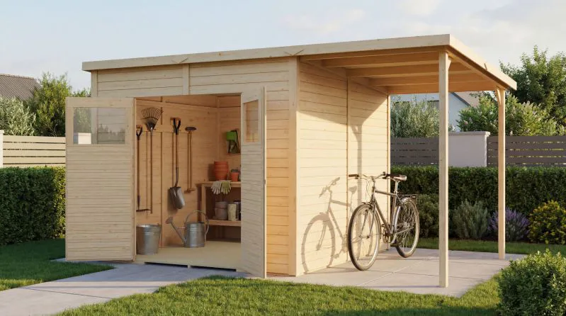Gartenhaus inkl. Anbaudach | Elementgartenhaus | Gerätehaus | Naturbelassen | inkl. Fußboden | 3,83 x 2,38 Meter | Flachdach | Dresden 04 | Gerahmte Massivholztür mit Fenstern