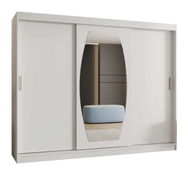 Kleiderschrank mit einer Spiegeltür Musala 22, Farbe: Weiß, 2,5 Meter breit, Aluminiumschienen, 10 Fächer, Schiebetürenschrank, zwei Kleiderstangen