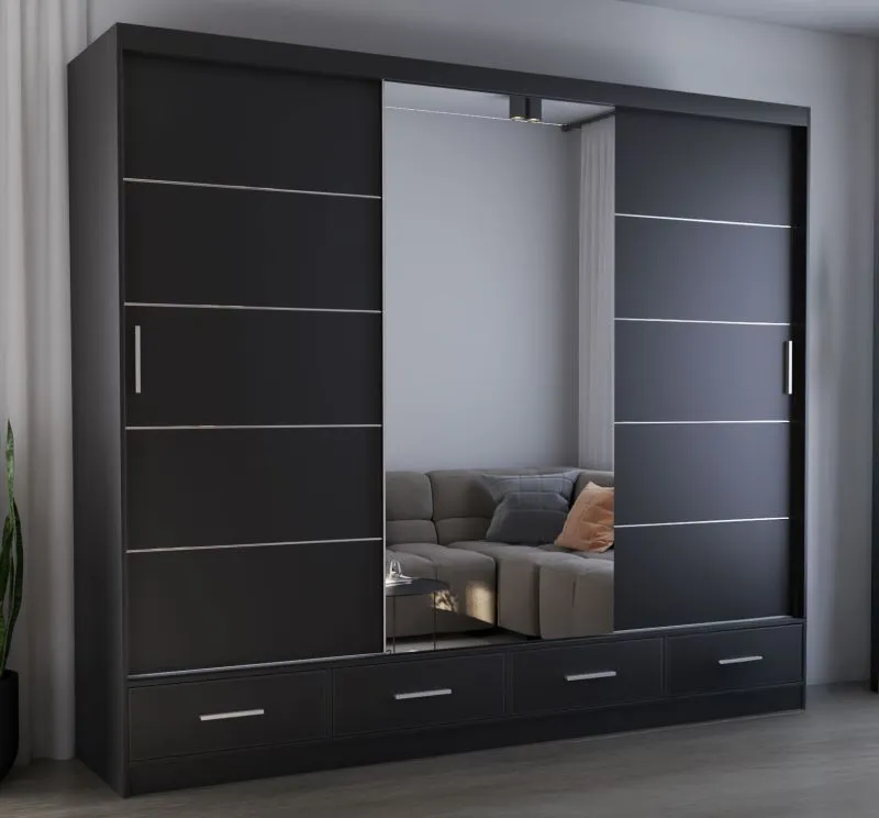 2,5 Meter breiter Schiebetürenschrank / Kleiderschrank mit Spiegel Schwarz | Lusatian 39 | 218 x 250 x 61 cm | 3 Türen | 4 Schubladen | 7 Fächer