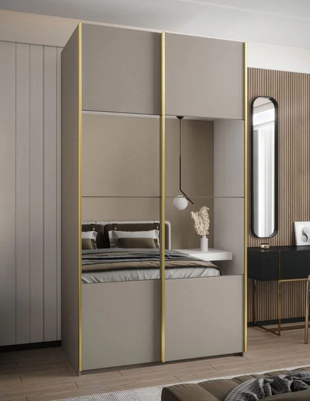 Kleiderschrank / Schiebetürenschrank | 6 Fächer | Farbe: Kaschmir | Spiegel | Soft-Close | 2 Schiebetüren | 2 Kleiderstangen | 245,5 x 140 x 64 cm