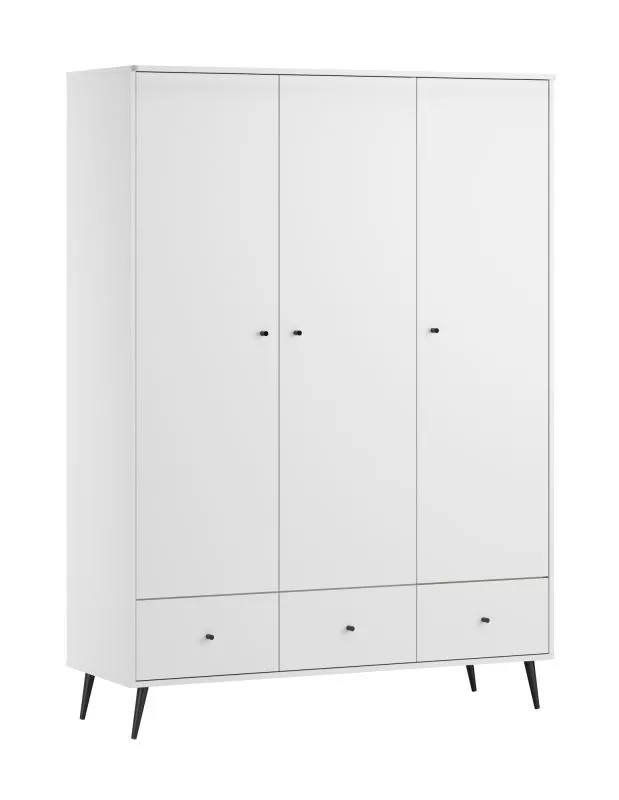 Babyzimmer Kleiderschrank | Farbe: Weiß | Kinderzimmer | Griffe & Beine: Schwarz | modern | 3 Türen | 3 Schubladen | Soft-Close | Maße: 133 x 50 x 185 cm