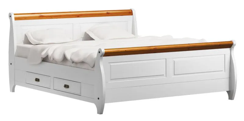 Doppelbett Jabron 07, Kiefer massiv Vollholz, Farbe: Weiß / Kiefer - Liegefläche: 160 x 200 cm (B x L)