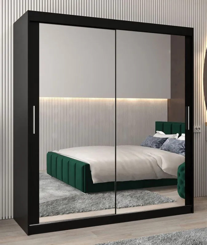 180 cm breiter Schiebetürenschrank mit 2 Türen | 10 Fächer | 2 Kleiderstangen | Farbe: Schwarz Abbildung