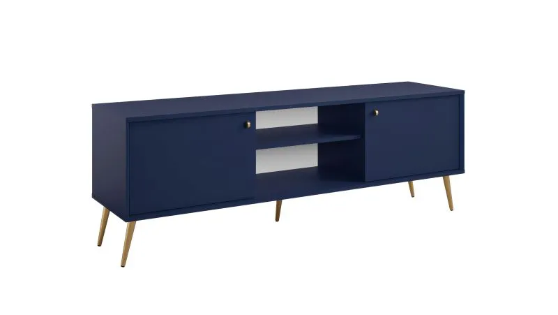 TV-Board / TV-Schrank mit zwei Türen Egaleo 04, vier Fächer, Farbe: Dunkelblau, ABS-Kanten, Griffe & Beine: Metall, Maße: 156 x 40 x 55 cm cm