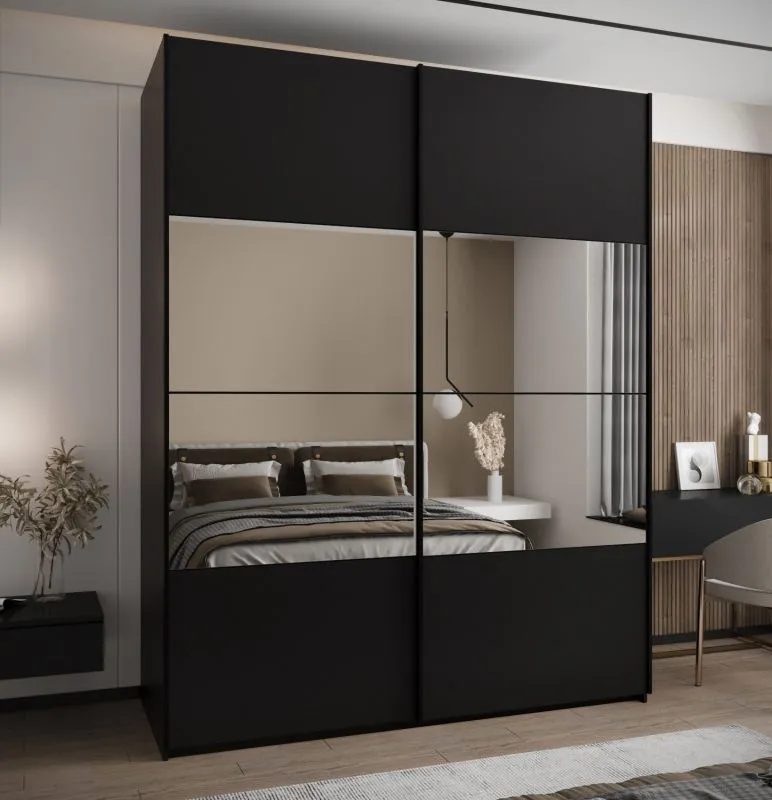 Kleiderschrank / Schiebetürenschrank | 2 Schiebetüren | 11 Fächer |245,5 x 200 x 64 cm | Spiegel | Soft-Close | 2 Kleiderstangen | Farbe: Schwarz