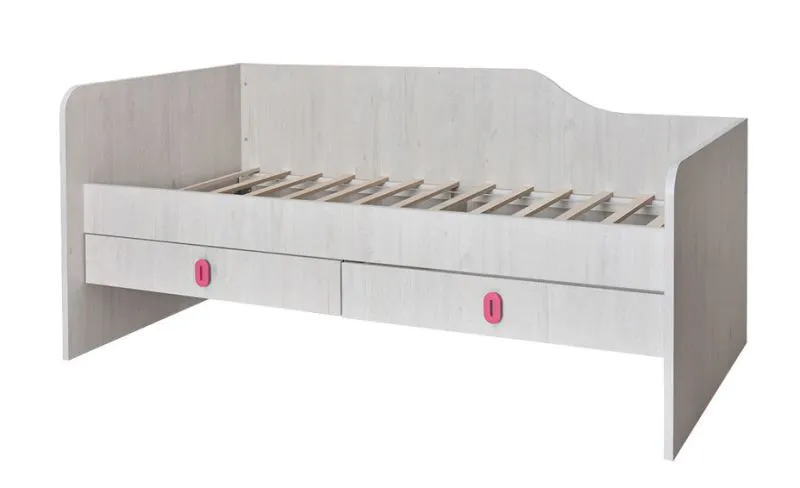 Kinderbett / Jugendbett Luis 25 inkl. Rollrost, Kopfteil Links, Farbe: Eiche Weiß / Rosa - 90 x 200 cm (B x L)
