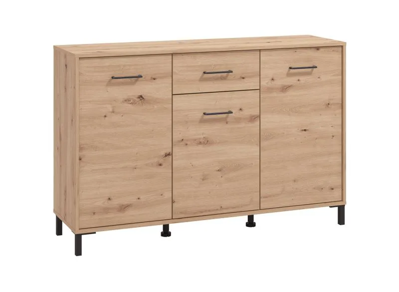 Sideboard / Kommode mit einer Schublade Sabas 01, Farbe: Eiche Artisan, Griffe & Beine: Schwarz, sechs Fächer, Maße: 90 x 138 x 40 cm, ABS-Kanten