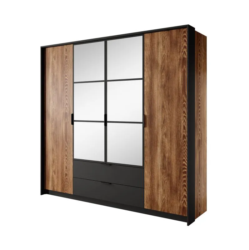 Kleiderschrank / Drehtürenschrank Jendouba 01 | Farbe: Kastanie / Anthrazit | zwei Spiegeltüren | zwei Schubladen | ABS-Kanten | Maße: 210 x 223 x 59 cm