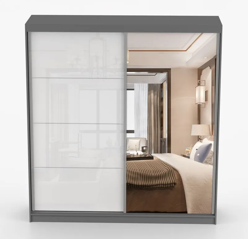 Kleiderschrank / Schiebetürenschrank 2,3 Meter breit | Gorski 57 | Weiß / Grau | mit Spiegel | 12 Fächer | 2 Türen | Griffe: Metall | 218 x 233 x 61cm