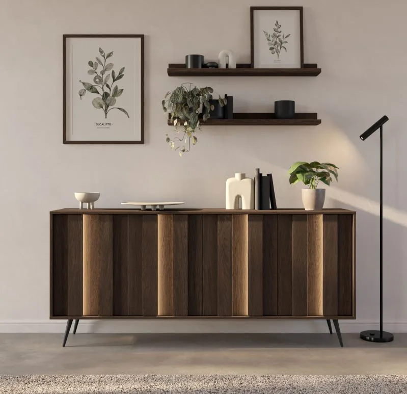 Kommode | Farbe: Eiche Dunin | inkl. LED-Beleuchtung | 183 x 40 x 83 cm | 4 Türen | Soft-Close Funktion | 8 Fächer | schlanke Metallbeine | Sideboard