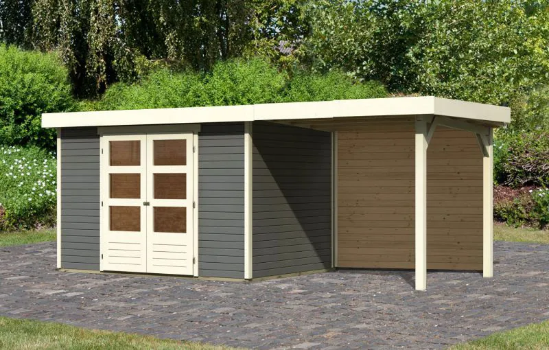 Gartenhaus SET terragrau mit Anbaudach 2,4 m, Rückwand, Grundfläche: 6,35 m²