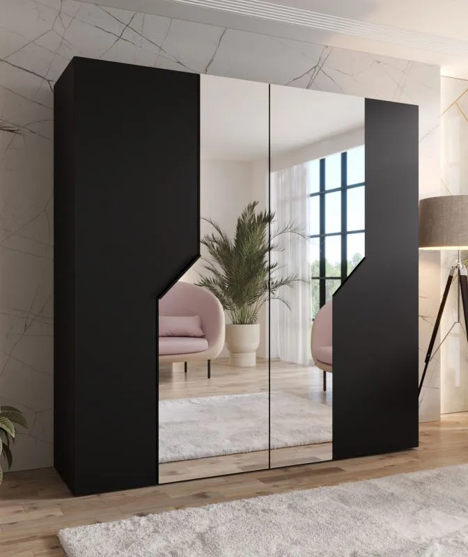 Drehtürenschrank / Kleiderschrank | Farbe: Schwarz | Soft-Close-Funktion | 2 Spiegeltüren | ABS-Kanten | Griffe: Schwarz | Maße: 200 x 52 x 202 cm | 2 Kleiderstangen