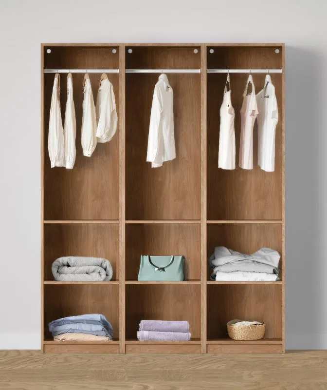 Offener Kleiderschrank | 3 Kleiderstangen | Farbe: Eiche Puccini | 4 Fächer | Maße: 154 x 55 x 196 cm | einfaches Design | 6 Holzeinlegeböden | für Ankleidezimmer