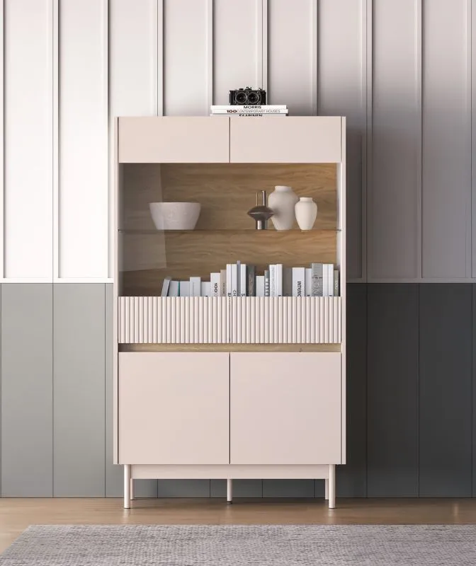 Vitrine Humboldt 03 | Maße: 92 x 40 x 156 cm | Farbe: Eiche Cremona / Kaschmir | Beine: Metall | 4 Türen | Soft-Close | ABS-Kanten