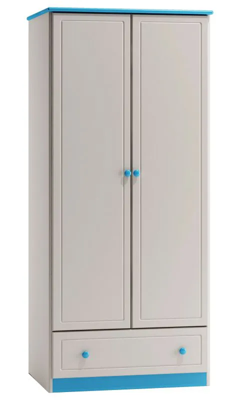 Schmaler 80 cm breiter Kleiderschrank mit 2 Türen | Farbe: Weiß / Blau Abbildung