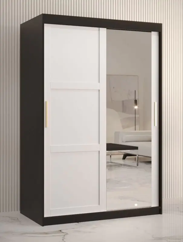Neutraler Kleiderschrank mit einer Spiegeltür Liskamm 31, Farbe: Schwarz matt / Weiß matt - Abmessungen: 200 x 120 x 62 cm (H x B x T), mit fünf Fächern und zwei Kleiderstangen