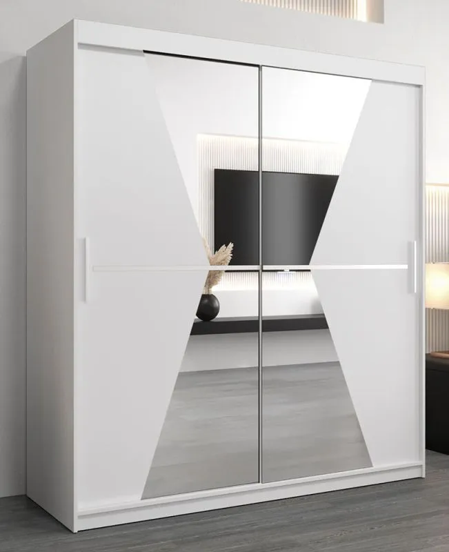 Schiebetürenschrank / Kleiderschrank Naranco 04 mit Spiegel, Farbe: Weiß matt - Abmessungen: 200 x 180 x 62 cm ( H x B x T )
