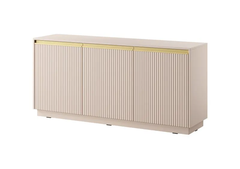 Modernes Sideboard / Kommode mit sechs Fächer Finghall 11, Farbe: Beige, Soft-Close-Funktion, drei Türen, Griffe: Gold, Front: gerillt, für Wohnzimmer