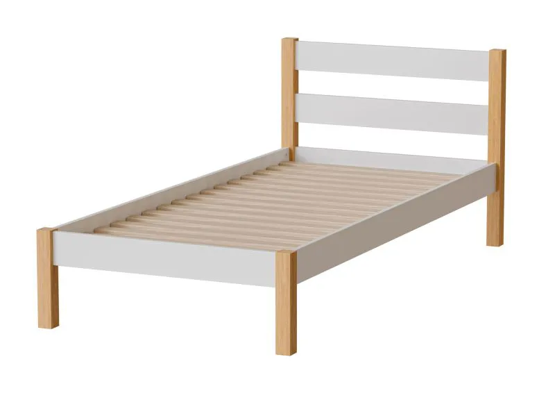 Gästebett / Einzelbett Ailina 04 inklusive Lattenrost, Liegefläche: 90 x 200 cm, in Weiß / Eiche Natur, aus massiven Kiefernholz, Kinderbett, Jugendbett