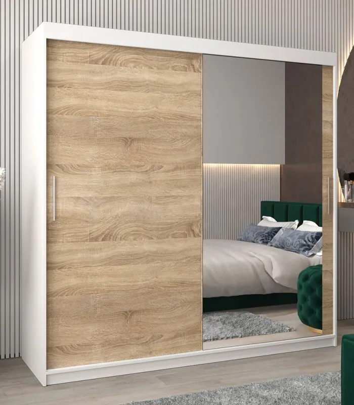 Schiebetürenschrank / Kleiderschrank Bisaurin 5C mit Spiegel, Farbe: Weiß matt / Eiche Sonoma - Abmessungen: 200 x 200 x 62 cm ( H x B x T)