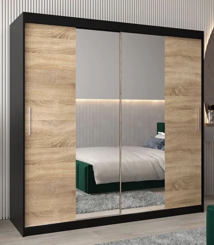 Schiebetürenschrank / Kleiderschrank Bisaurin 5B mit Spiegel, Farbe: Schwarz / Eiche Sonoma - Abmessungen: 200 x 200 x 62 cm ( H x B x T)