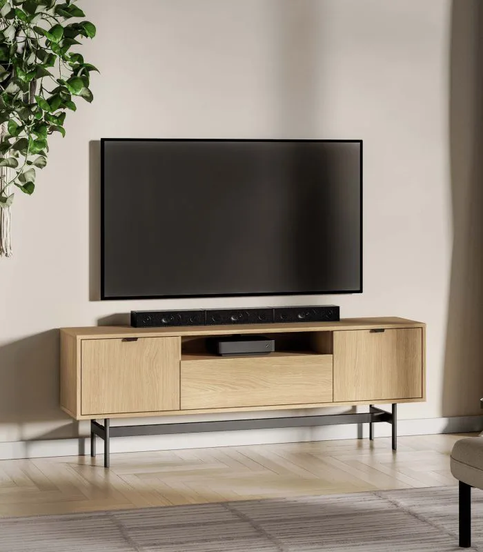 TV-Unterschrank | Farbe: Eiche Mavelie | 2 Drehtüren | 1 Kipptür | Soft-Close Funktion | 1 Kabeldurchführung | 4 Fächer | 150 x 33 x 53 cm | TV-Möbel