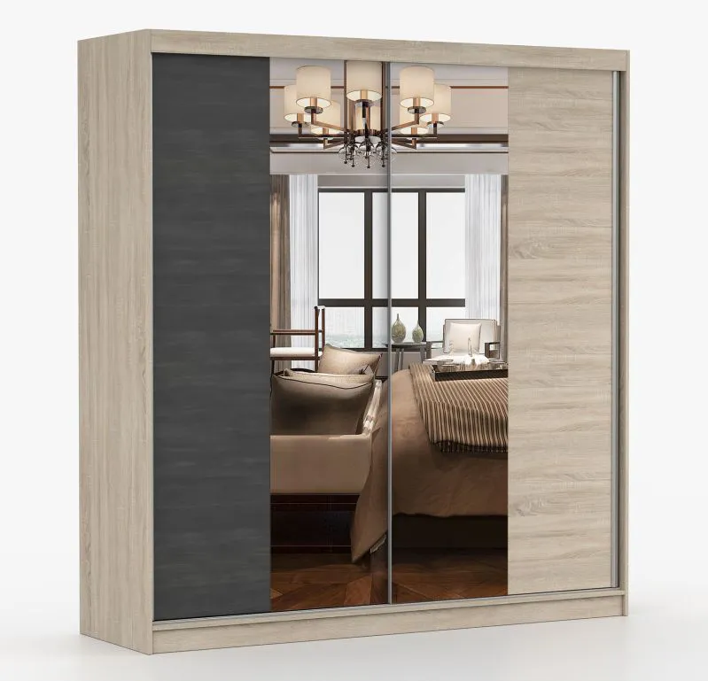 Schiebetürenschrank / Kleiderschrank mit Spiegel | Komovi 01 | 218 x 203 x 61 cm | 2 Türen | 7 Fächer | 2 Kleiderstangen | viel Platz