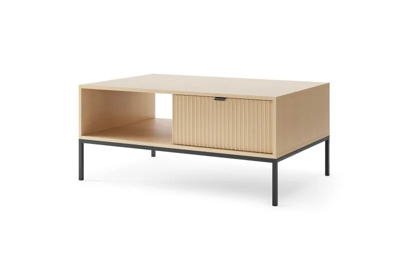 Couchtisch | Farbe: Eiche Vicenza | 1 Schubladen | geriffelte Front | 1 Ablagefach | Maße: 104 x 68 x 46 cm | ABS-Kanten | Griffe & Beine: Schwarz