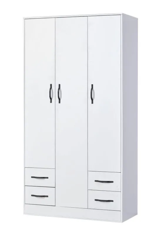 Kleiderschrank | Drehtürenschrank | 3-türig | 120 x 50 x 225 cm | Farbe: Weiß / Schwarz | 3 Türen | 4 Schubladen | 11 Fächer | 1 Kleiderstange | Nalut 01