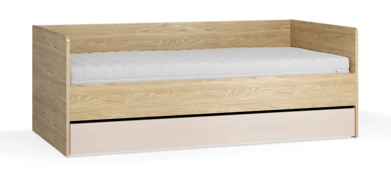 Tagesbett / Gästebett | Farbe: Eiche / Beige | inkl. Hublift Lattenrost | Liegefläche: 90 x 200 cm | ABS-Kantenschutz | Bettkasten für Bettwäsche