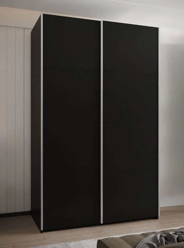 Kleiderschrank / Schiebetürenschrank | ABS-Kantenschutz | 245,5 x 150 x 64 cm | 6 Fächer | 2 Kleiderstangen | 2 Schiebetüren | Soft-Close | Farbe: Schwarz
