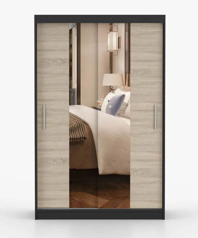Kleiderschrank / Schiebetürenschrank | Sonoma Eiche / Schwarz | Rudawy 12 | mit Spiegel | 2 Türen | 200 x 120 x 61 cm | 6 Fächer | Kleiderstange