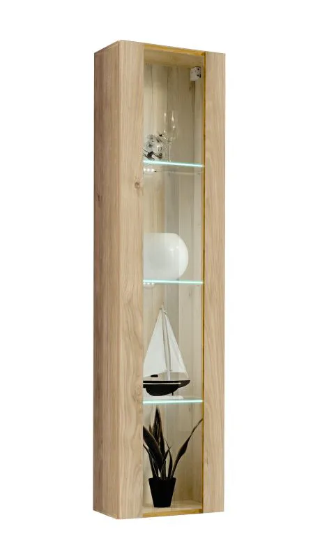 Hängevitrine | Push-to-open Funktion | Farbe: Eiche Hickory Jackson | 1 Glastür in Holz eingefasst | Maße: 40 x 29 x 170 cm | inkl. LED-Beleuchtung