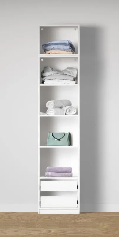 Offener Kleiderschrank | 2 Schubladen | Farbe: Weiß | 5 Fächer | 51,5 x 55 x 234 cm | reichlich Stauraum | für Ankleidezimmer / Schlafzimmer