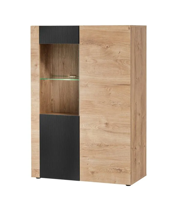 Vitrine | inkl. LED-Beleuchtung | Farbe: Eiche Ribbeck / Schwarz matt | 2 Drehtüren | 8 Fächer | Maße: 90 x 40 x 132 cm | Push-to-open Funktion