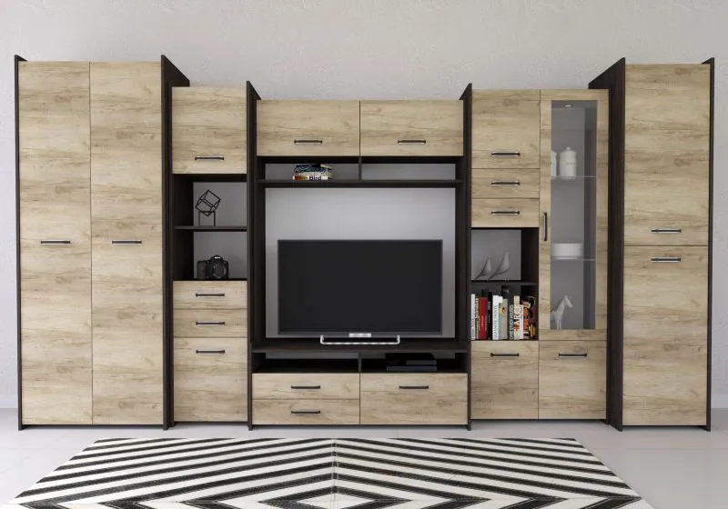 Wohnwand Schwarz / Hellbraun | Vercors 03 | 200 x 360 x 53 cm | 1 Türe | Mehrteilig | Front in Holzoptik | umfangreiches Platzangebot | eckig