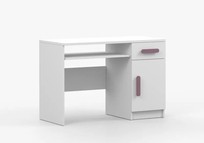 Schreibtisch 1,1 Meter breit | 75 x 110 x 50 cm | Weiß | violette Holzgriffe | Smolikas 94 | 1 Türe | 1 Schublade | 3 Fächer