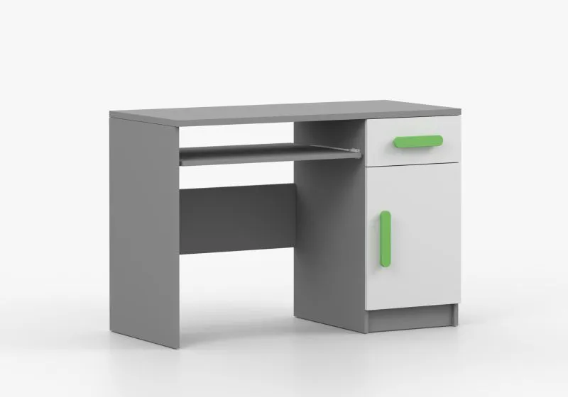 Schreibtisch 1,1 Meter breit | 75 x 110 x 50 cm | 1 Schublade | 3 Fächer | Holzgriffe | Weiß / Grau | Smolikas 84 | 1 Türe
