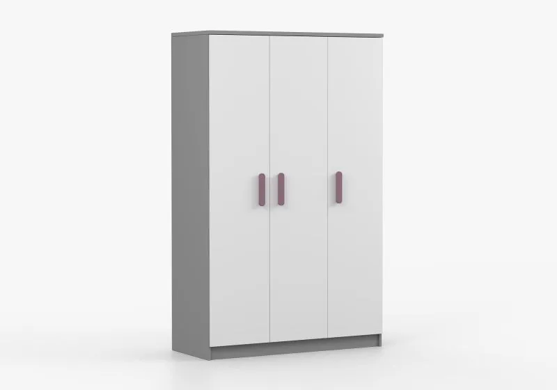 Kleiderschrank / Drehtürenschrank 1,2 Meter breit | Smolikas 113 | 192 x 120 x 50 cm | Holzgriffe | Weiß / Grau | 3 Türen | 9 Fächer | Kleiderstange
