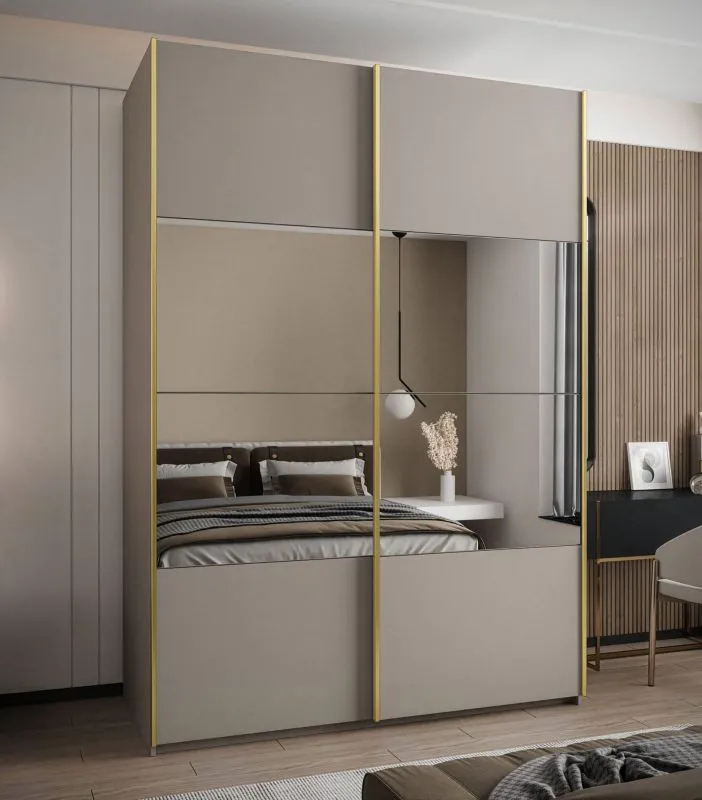 Kleiderschrank / Schiebetürenschrank | Farbe: Kaschmir | 245,5 x 170 x 64 cm | 2 Schiebetüren | 2 Kleiderstangen | 11 Fächer | Spiegel | Soft-Close