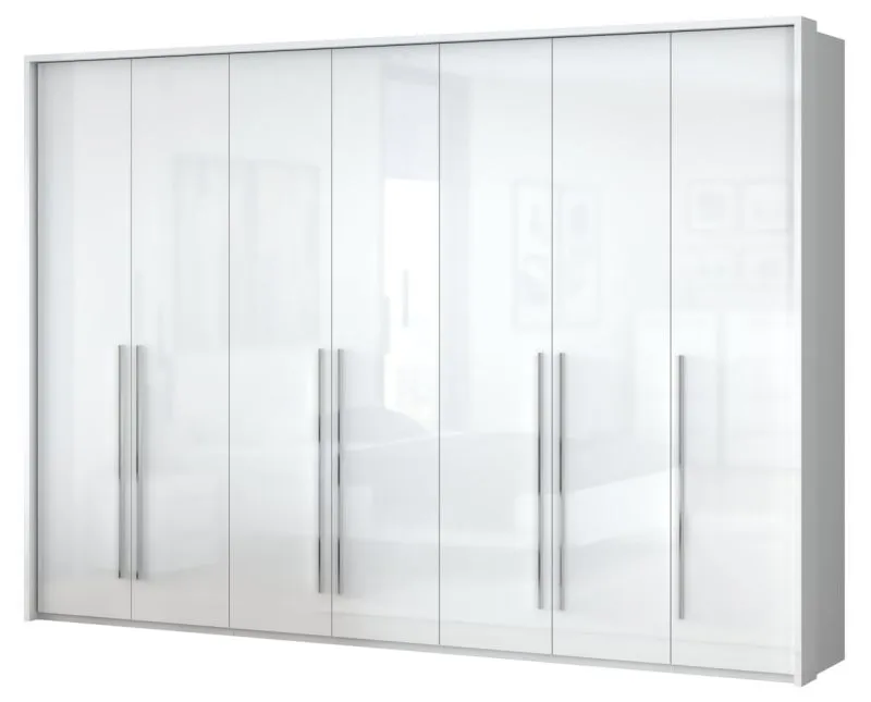 Drehtürenschrank / Kleiderschrank mit LED-Rahmen Siumu 26, Farbe: Weiß / Weiß Hochglanz - 226 x 322 x 60 cm (H x B x T)