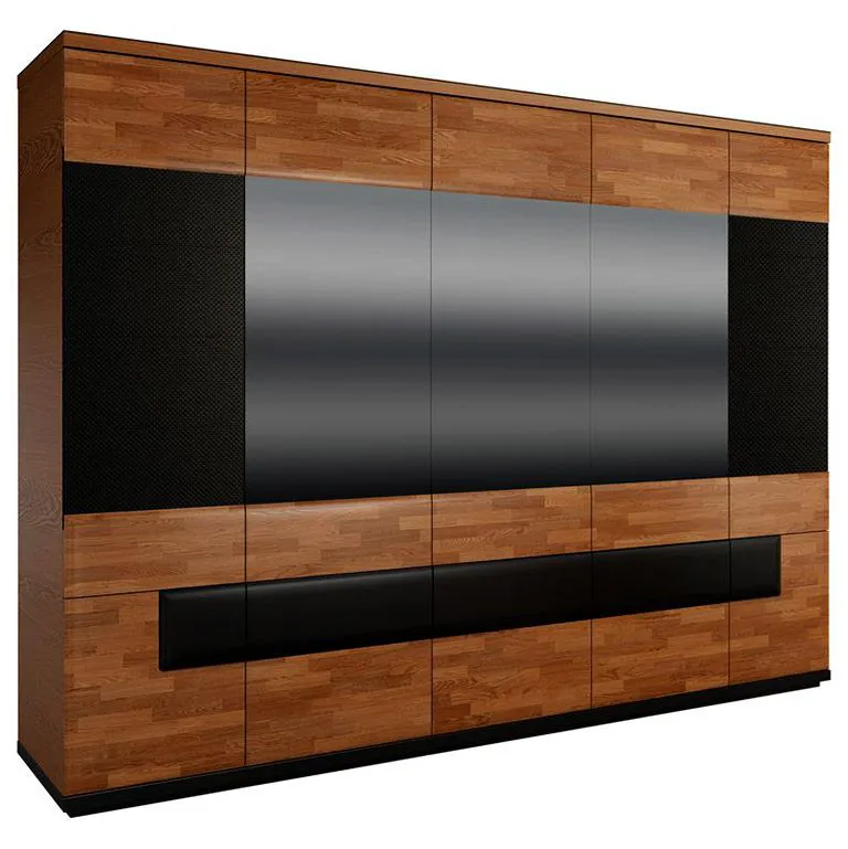 Kleiderschrank | 5 Drehtüren | 6 Schubladen | mit Kleiderstange | 285 cm breit | Eiche teilmassiv | Farbe: Walnuss / Schwarz Abbildung