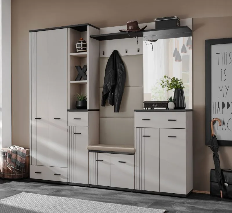 Garderobe | inkl. Sitzkissen | Spiegel | Farbe: Kaschmir / Schwarz | 4 Haken | gepolstertes Paneel | Maße: 210 x 32 x 203 cm | Kleiderschrank | 3 Schubladen