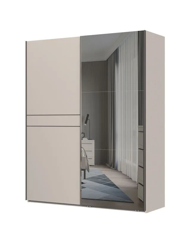Schiebetürenschrank mit einer Spiegeltür Neiafu 89, Farbe: Kaschmir, Maße: 224 x 182 x 61 cm, zwei Kleiderstangen, sechs Einlegeböden, Soft-Close-Funktion
