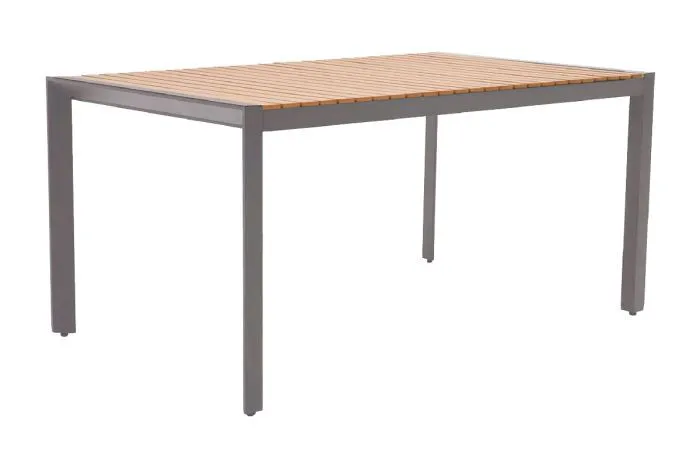 Gartentisch Atlanta in Grau/Braun aus pulverbeschichtetem Aluminium, 1480 x 900 x 720 mm, Tischplatte aus wetterfesten Verbundwerkstoff in Holzoptik, feuchtigkeitsresistent