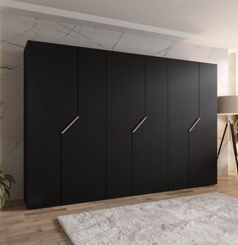 Drehtürenschrank | Farbe: Schwarz | 6 Türen | 3 Kleiderstangen | ABS-Kanten | Griffe: Kaschmir | Maße: 300 x 52 x 202 cm | Soft-Close-Funktion | 3 Fächer