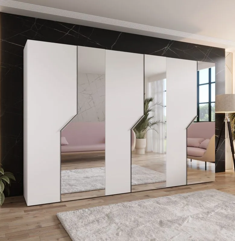 Drehtürenschrank | 3 Spiegeltüren | Farbe: Weiß | 3 Fächer | 3 Kleiderstangen | Soft-Close-Funktion | Griffe: Kaschmir | Maße: 300 x 52 x 202 cm | Kleiderschrank | ABS-Kanten