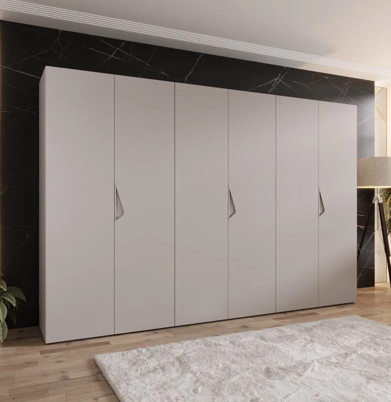 Drehtürenschrank | 6 Türen | Farbe: Kaschmir | 3 Kleiderstangen | Griffe: Kaschmir | 3 Fächer | Maße: 300 x 52 x 202 cm | Soft-Close-Funktion