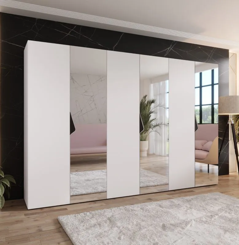 Kleiderschrank | 3 Spiegeltüren | 3 Fächer | Farbe: Weiß | 3 Kleiderstangen | Griffe: Schwarz | Maße: 300 x 52 x 202 cm | Soft-Close-Funktion